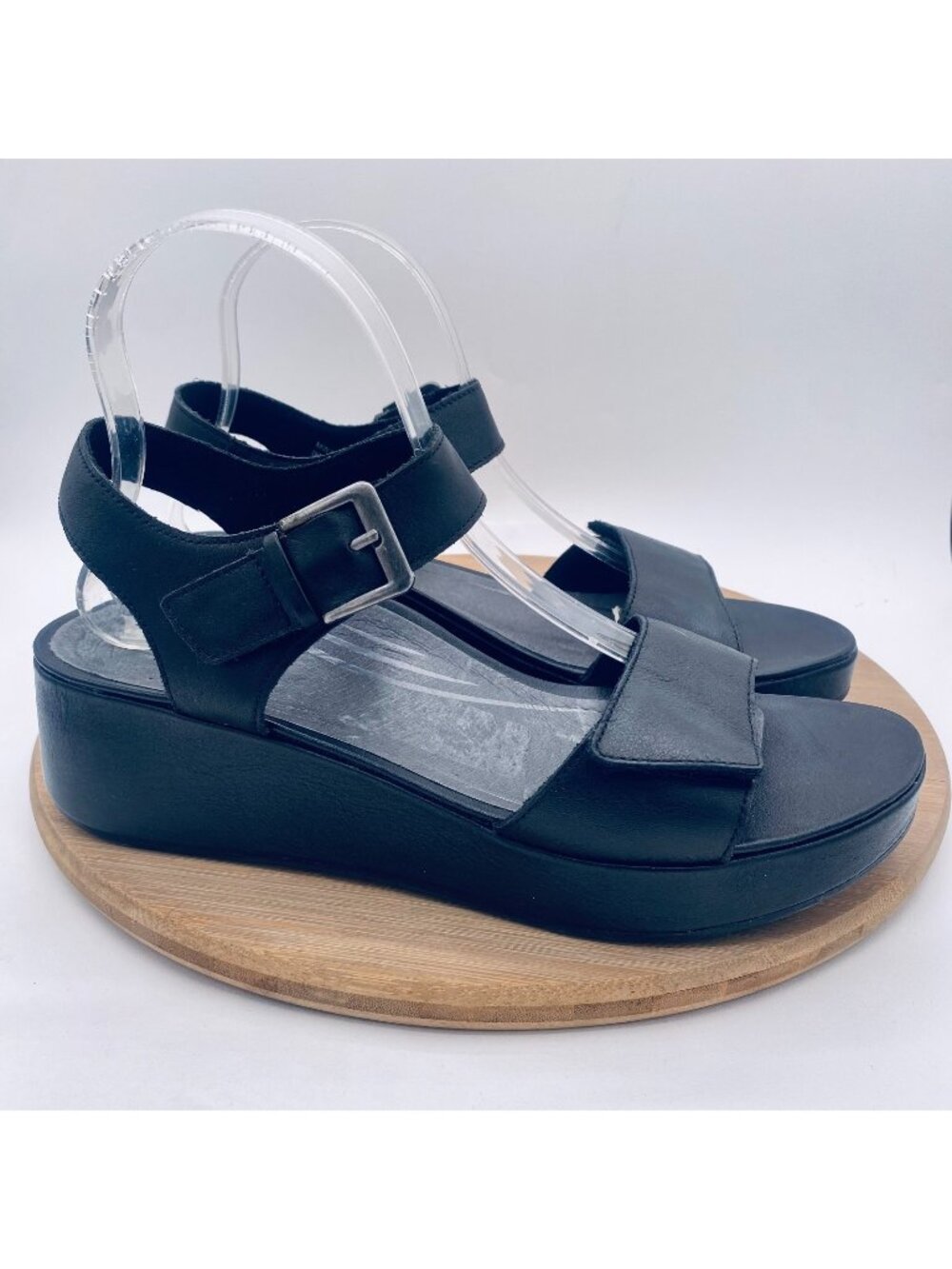 Aetrex Sandals Womens 10 Black Leather Slingback Ariel Comfort Wedge Peep